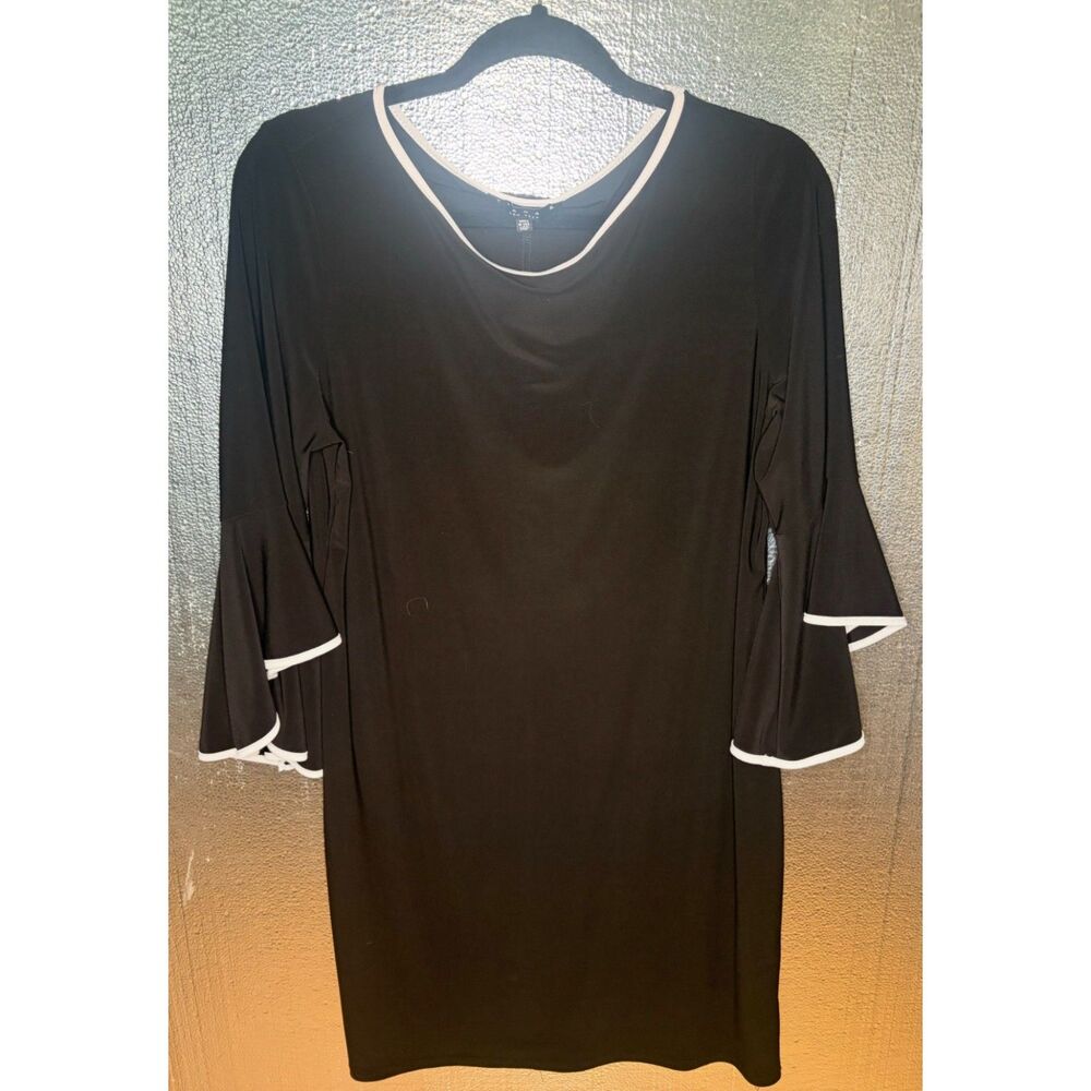 Connected Apparel Black Bell Sleeve Dress White Trim Womens 14P Career Cocktail